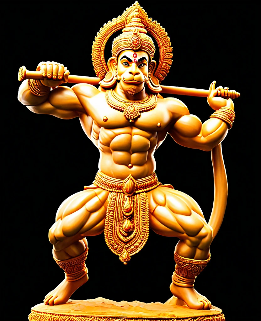 "Create an image of a majestic statue of Lord Hanuman, intricately carved from stone. The statue should depict Hanuman in a powerful and dynamic pose, showcasing his strength and devotion. Pay attention to the fine details of the carving, capturing the texture of the stone and the intricate features of his face, muscles, and traditional attire."
