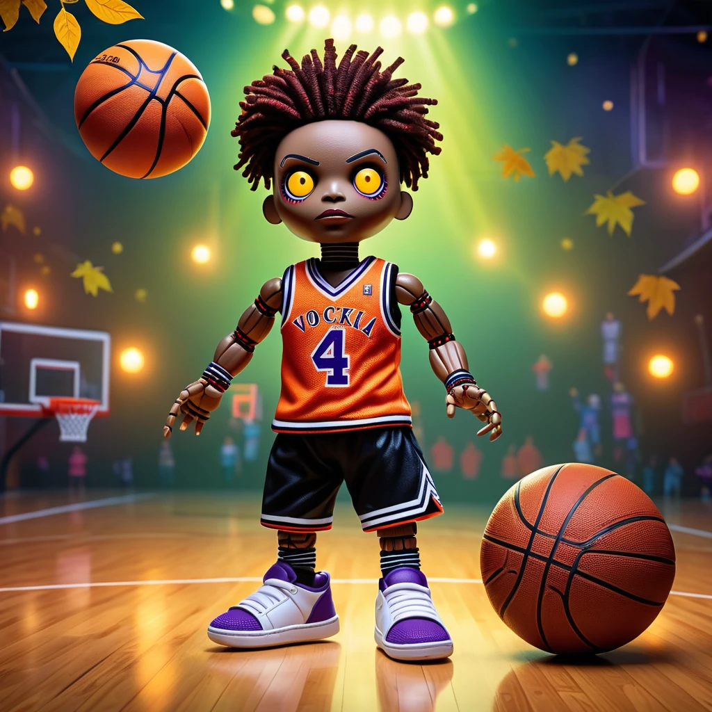 (knitted toy voodoo doll:1.2), (Voodoo Playing Basketball:1.3), (Clothing: sporty outfit with basketball patterns:1.0), (Accessories: enchanted basketball, glowing sneakers, mystical hoop:1.2), (background: sunny basketball court with floating, glowing leaves and magical light:1.2), best quality, masterpiece, detailed soft oil painting, detailed background, dramatic cinematic lighting, soft edge lighting, professional, dramatic lighting, hard edge lighting, ultra quality, 4k, masterpiece, best quality, 8k, ultra high definition, high resolution, extremely detailed