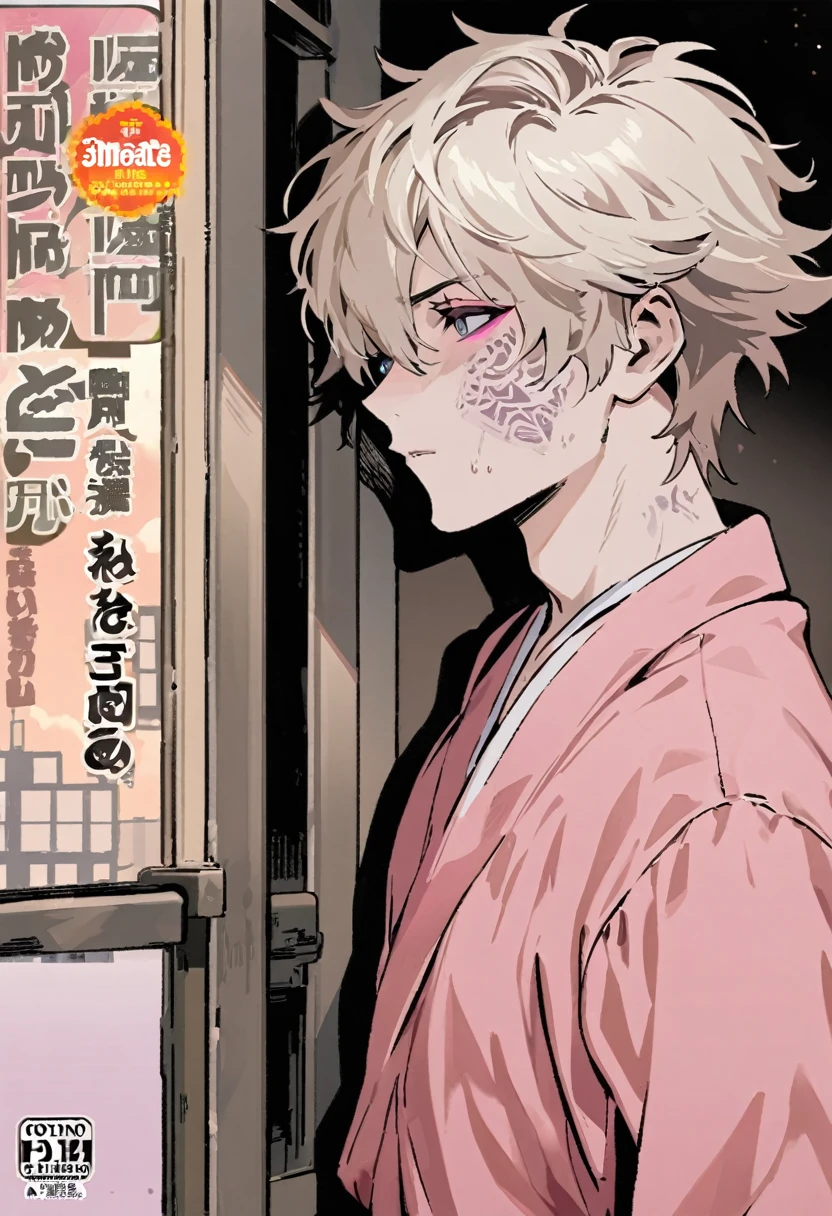 Manga cover style, detailed. best quality, art, detailed face, in the style of lora marvin.
(32-year-old man) (effeminate appearance) (messy platinum blonde hair) (pink eyeliner) (His skin is pale) ) (wears a pink robe)
(The background is an apartment balcony)