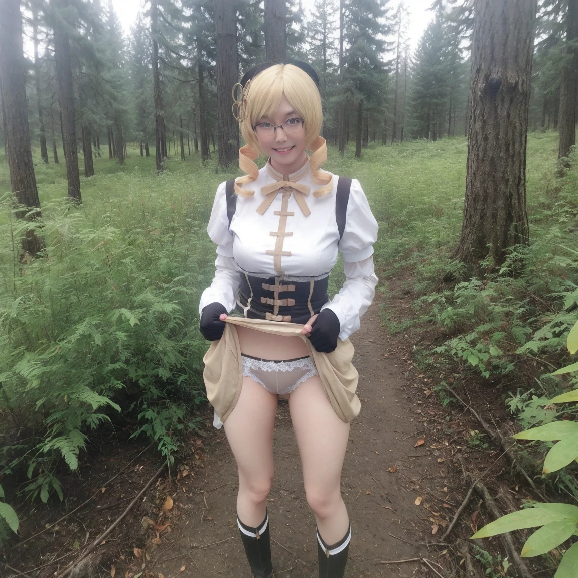 1 person、Slender woman with glasses、Looks young、Show your underwear、Sheer lace underwear、Mami Tomoe Cosplay、smile、forest、Are standing、To pee