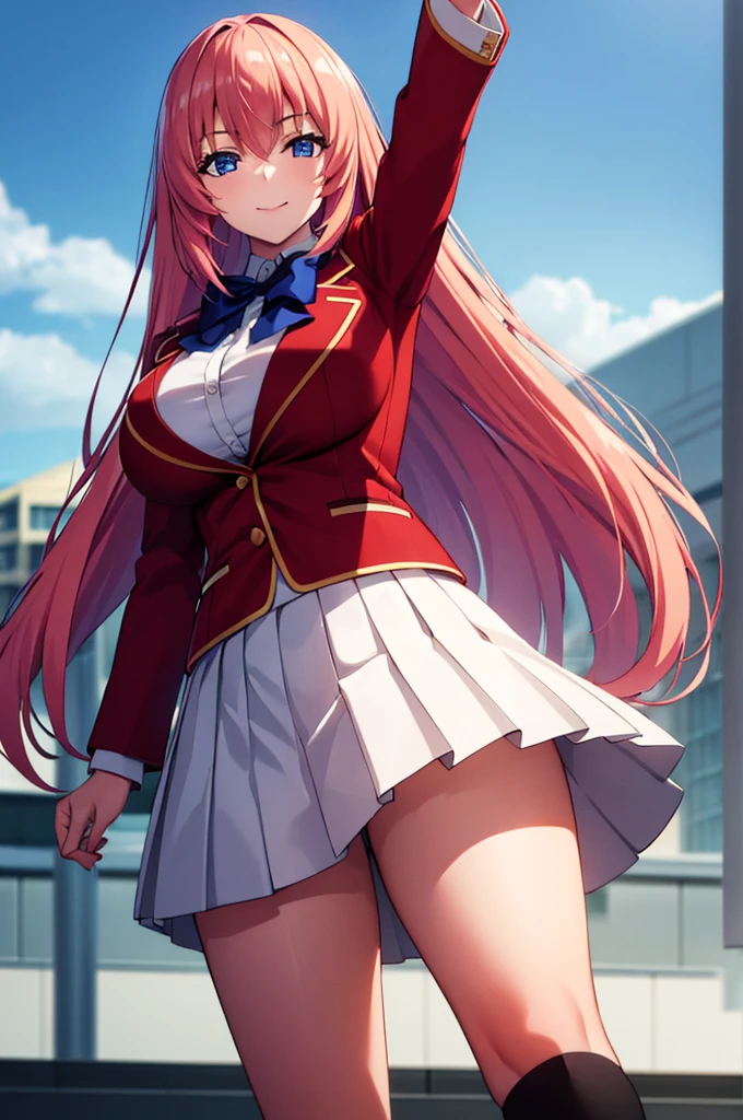 (masterpiece:1.3), (best quality:1.1), (8k, ultra detailed, ultra high res:1.2), ((anime style)), (perfect 5 fingers, perfect anatomy:1.1), 
1girl,
Ichinose honami, 
long hair, 
pink hair, 
blue eyes, 
(arm up, waving:1.1), 
blue bow, 
BREAK large breasts, (red blazer, long sleeves, white skirt, pleated skirt, black calf socks), 
looking at viewer, shoot from front,  
cowboy shot, 
smile, 
standhing, 
perfect light, 
(detailed background:1.1), outdoor, school building, 