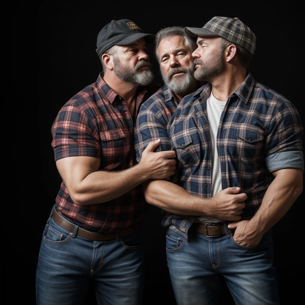 "8KUHD Create a professional studio-style photograph featuring two middle-aged, burly, and rugged men in lumberjack attire. They have beards, caps, checkered shirts, and worn-out jeans. They are kissing each other, their faces almost close, mouths glued together , in a romantic and virile scene. Utilize all appropriate lighting techniques for studio photography. The background should be black." HDR