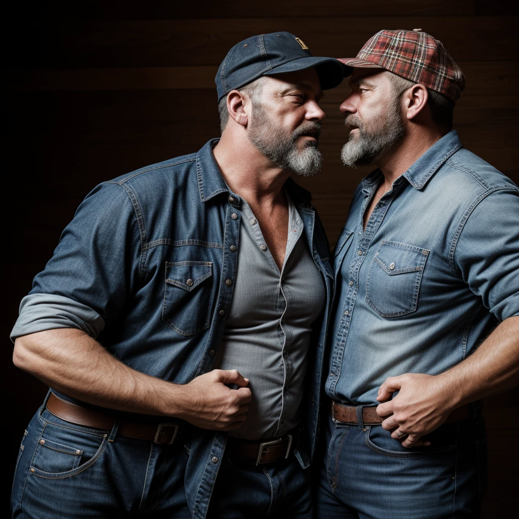 "8KUHD Create a professional studio-style photograph featuring two middle-aged, burly, and rugged men in lumberjack attire. They have beards, caps, checkered shirts, and worn-out jeans. They are kissing each other, their faces almost close, mouths glued together , in a romantic and virile scene. Utilize all appropriate lighting techniques for studio photography. The background should be black." HDR