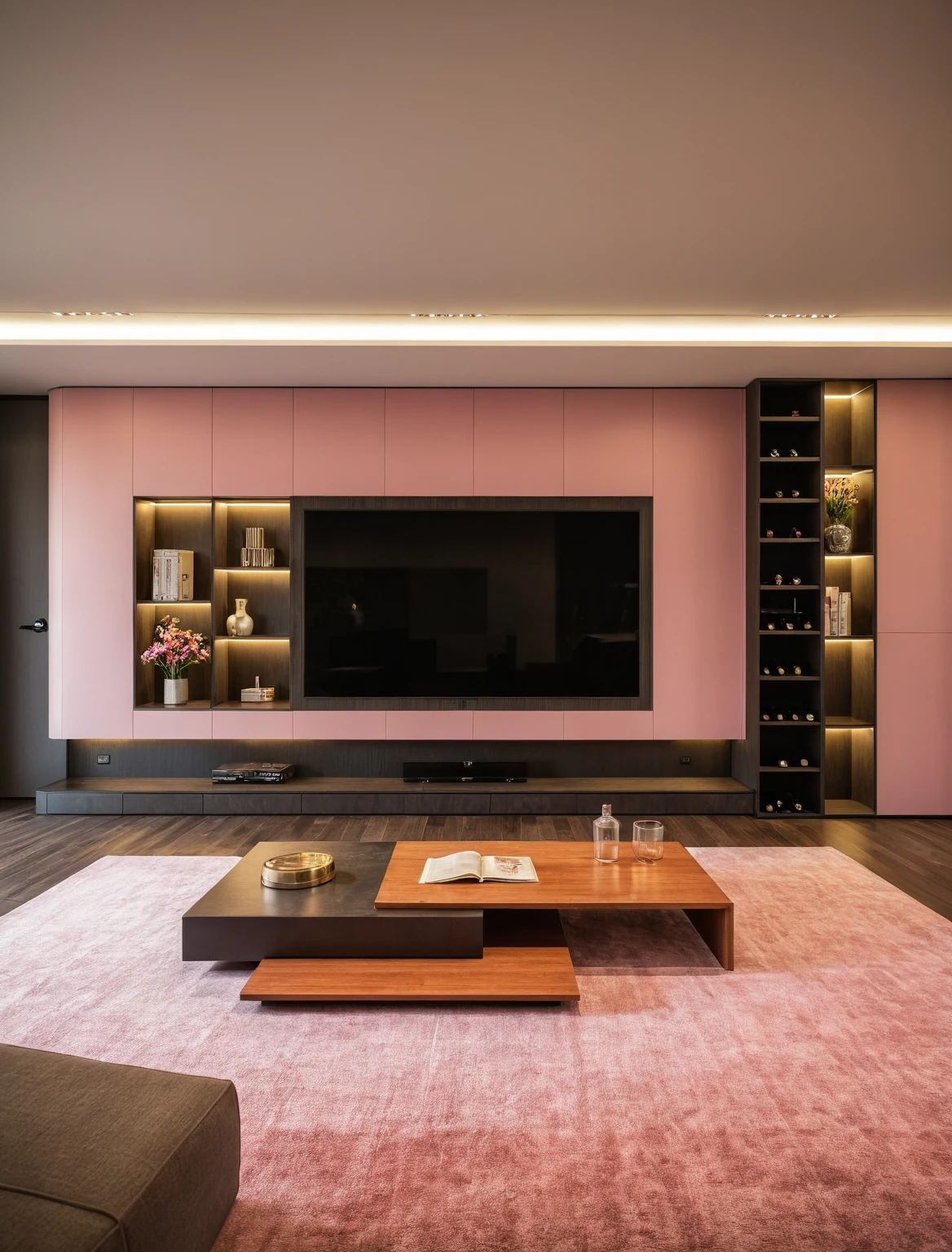 Raw photo,Masterpiece, high quality, best quality, authentic, super detail, interior , sunset, daylight, living room style Modern luxury, TV cabinet, TV, decorative cabinet, books, flower vases, bottles, tea table, tray, wine bottle, open book, carpet, wooden floor, curve, (PINK tones))