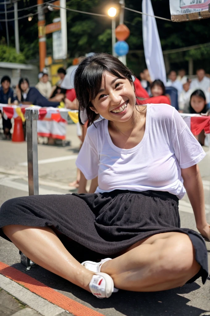 48 years old　D cup saggy breasts　woman　A kind smile　Big eyes　Front teeth　Japanese　classmate　High resolution, Highest quality, super high quality, Ultra-detailed, Cinematic lighting、On the street、Sweaty、Sweat、Black-haired、Idol girl singing on the bandstand、Big smile、sunny day、Spread your legs、Spread your legs、sunny day、Full nudity、huge 、Nipples、Browsing Caution、punk