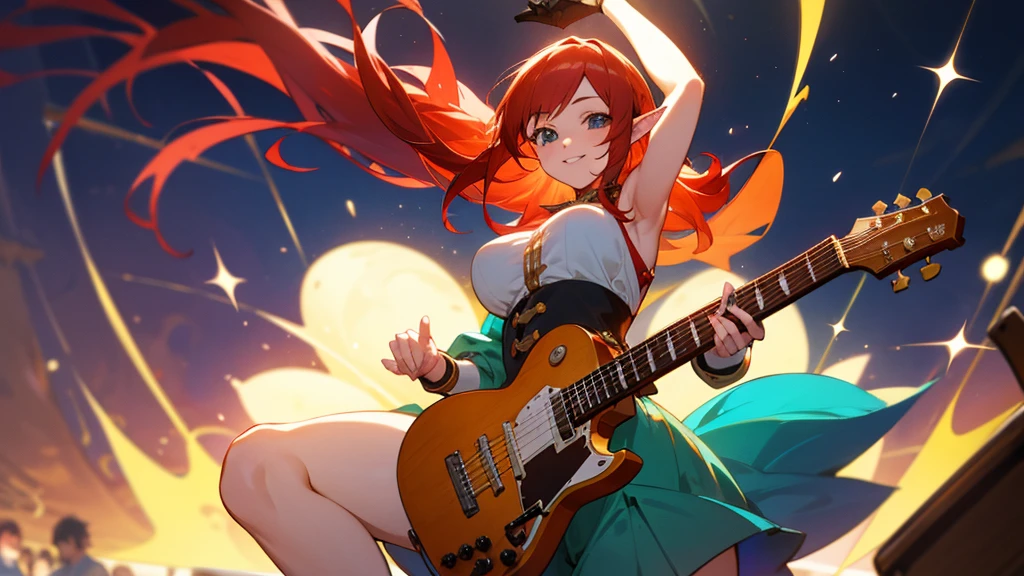 Anime Style,Nostalgic,Detailed background,Magical World,A lively bar with lots of people,Smiling bard red-haired beautiful elf girl,guitar,Large Breasts,Healthy thighs,Underarm