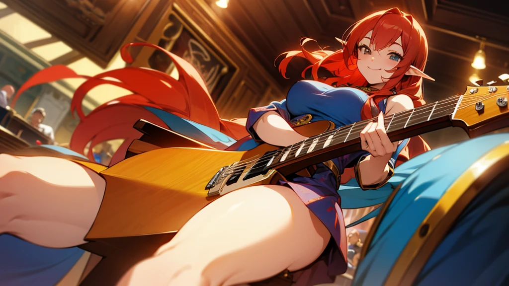 Anime Style,Nostalgic,Detailed background,Magical World,A lively bar with lots of people,Smiling bard red-haired beautiful elf girl,guitar,Large Breasts,Healthy thighs,Underarm