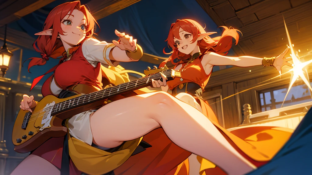 Anime Style,Nostalgic,Detailed background,Magical World,A lively bar with lots of people,Smiling bard red-haired beautiful elf girl,guitar,Large Breasts,Healthy thighs,Underarm
