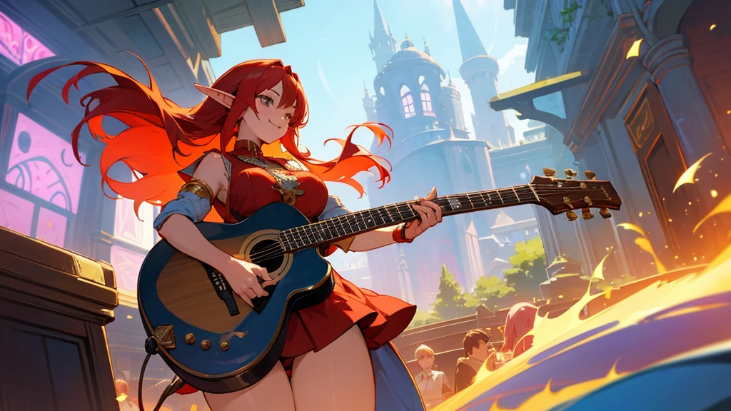Anime Style,Nostalgic,Detailed background,Magical World,A lively bar with lots of people,Smiling bard red-haired beautiful elf girl,guitar,Large Breasts,Healthy thighs,Underarm