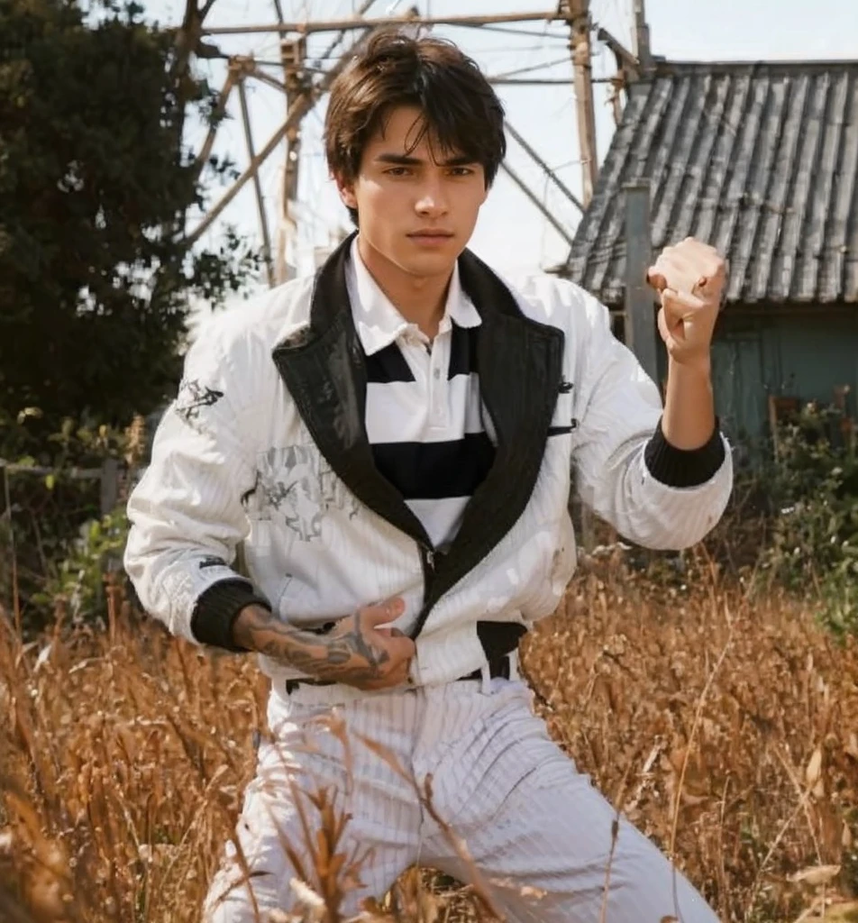  The image shows a young man in a black and white striped jacket holding a baseball glove and ready to catch a ball.