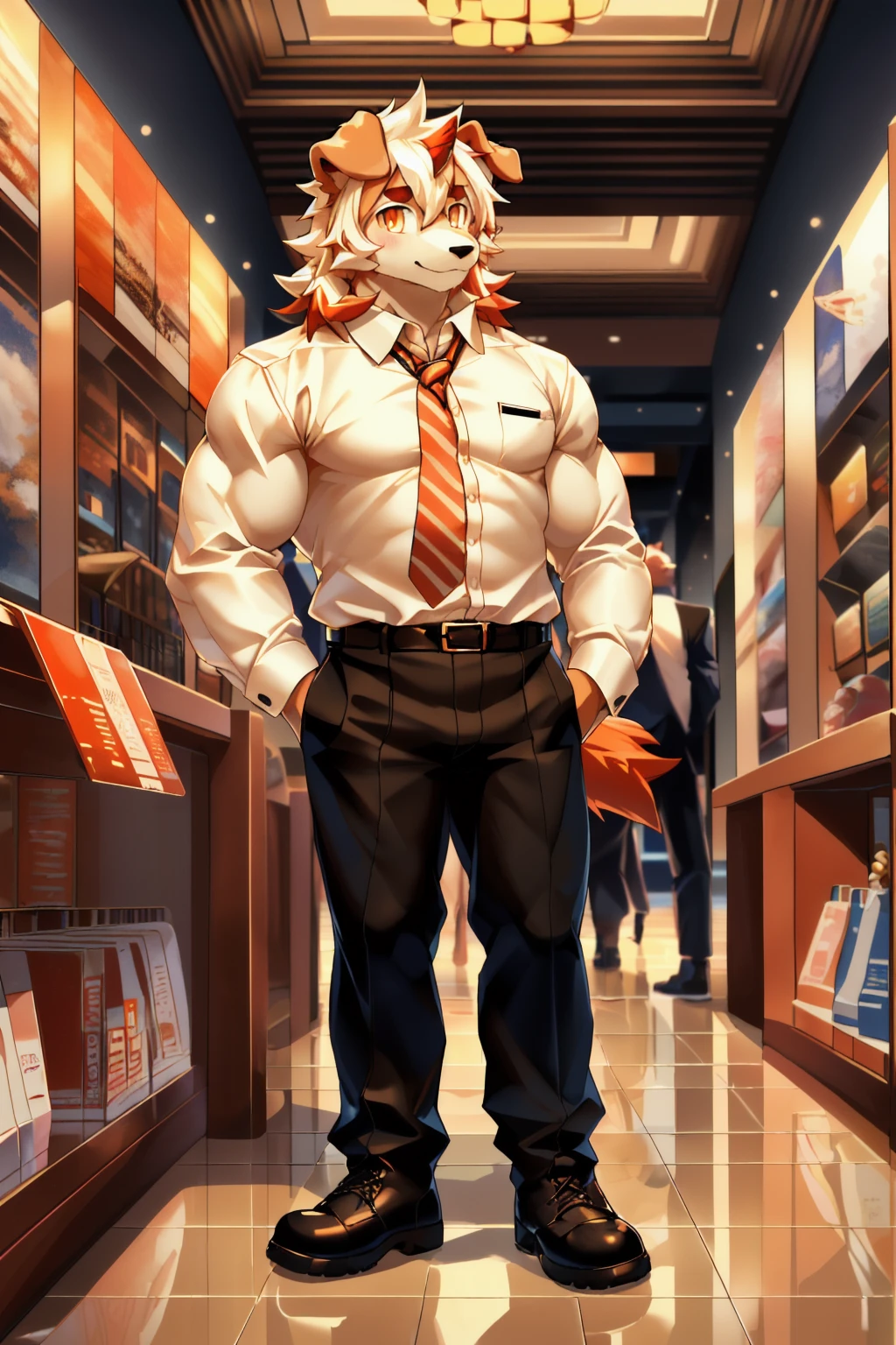(Thick Arms:1.2),(Thick Legs:1.1),masterpiece, best quality, Official Art, Extremely detailed CG unity 8k wallpaper, Extremely detailed, Best Illustration Award, flood (/Ark of Tomorrow/), White fur, hairy male, Dog Boy, hairy, two-toned fur, 1 boy, Colorful hair, male focus, trumpet, Striped hair, Dog ears, Animal ears, 单trumpet, Brown fur, Bangs, Orange Hair, White hair, Medium Length Hair, Solitary, Orange tail,hairy尾巴,(Black pupil),High target,(Shy),In the mall,boots,(Sexy),((High target and strong)),side,(Delicate eyes),Orange eyes,male,Solitary,Black pupil),(Delicate face),(Sharp eyes),permanent,blush,(Detailed hands),(Detailed feet),aldult,type,Moderate,Long legs,(Detailed hands指),(Delicate eyes),(Brown coat),(White T-shirt),(Black pants),easy,(muscle),tie,Dog nose