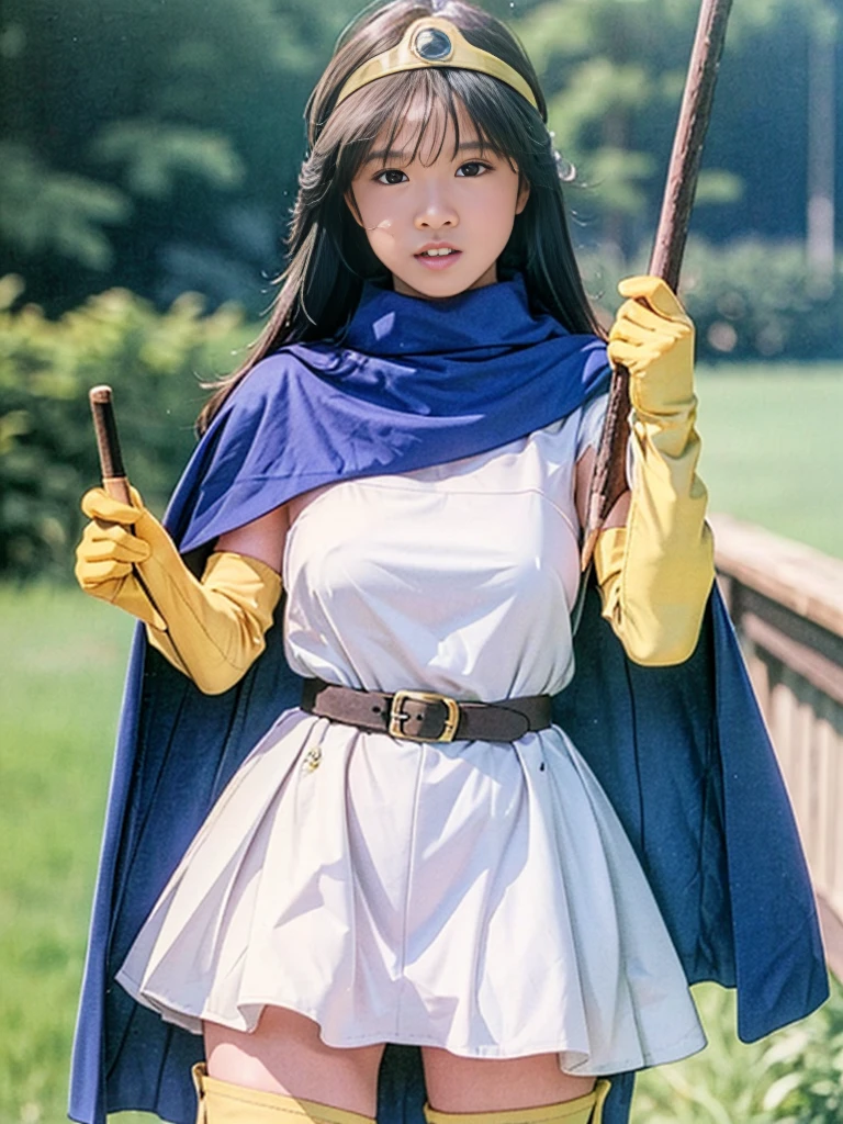 sage_(dq3), 1girl, 
(the vast grasslands), 
long hair, blue hair, normal breast, cleavage, bare shoulders, 
circlet, (yellow gloves:1.6), (white dress:1.6), (belt bag:1.6), (cape:1.6), (knee-high boots:1.6), white panties, 
(holding a wooden long staff), 
(cowboy shot), 
detail face, (photorealistic:1.4), ultra high res, best quality, ((detailed facial features)), 8k resolution,
