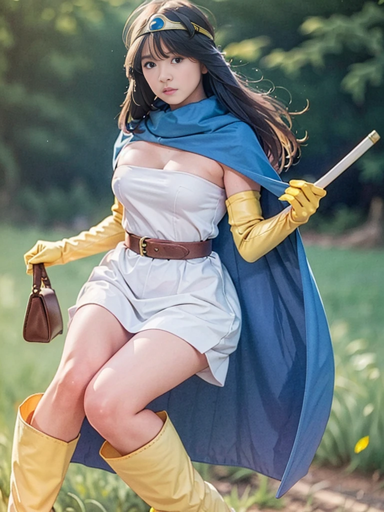 sage_(dq3), 1girl, 
(the vast grasslands), 
long hair, blue hair, normal breast, cleavage, bare shoulders, 
circlet, (yellow gloves:1.6), (white dress:1.6), (belt bag:1.6), (cape:1.6), (knee-high boots:1.6), white panties, 
(holding a wooden long staff), 
(cowboy shot), 
detail face, (photorealistic:1.4), ultra high res, best quality, ((detailed facial features)), 8k resolution,
