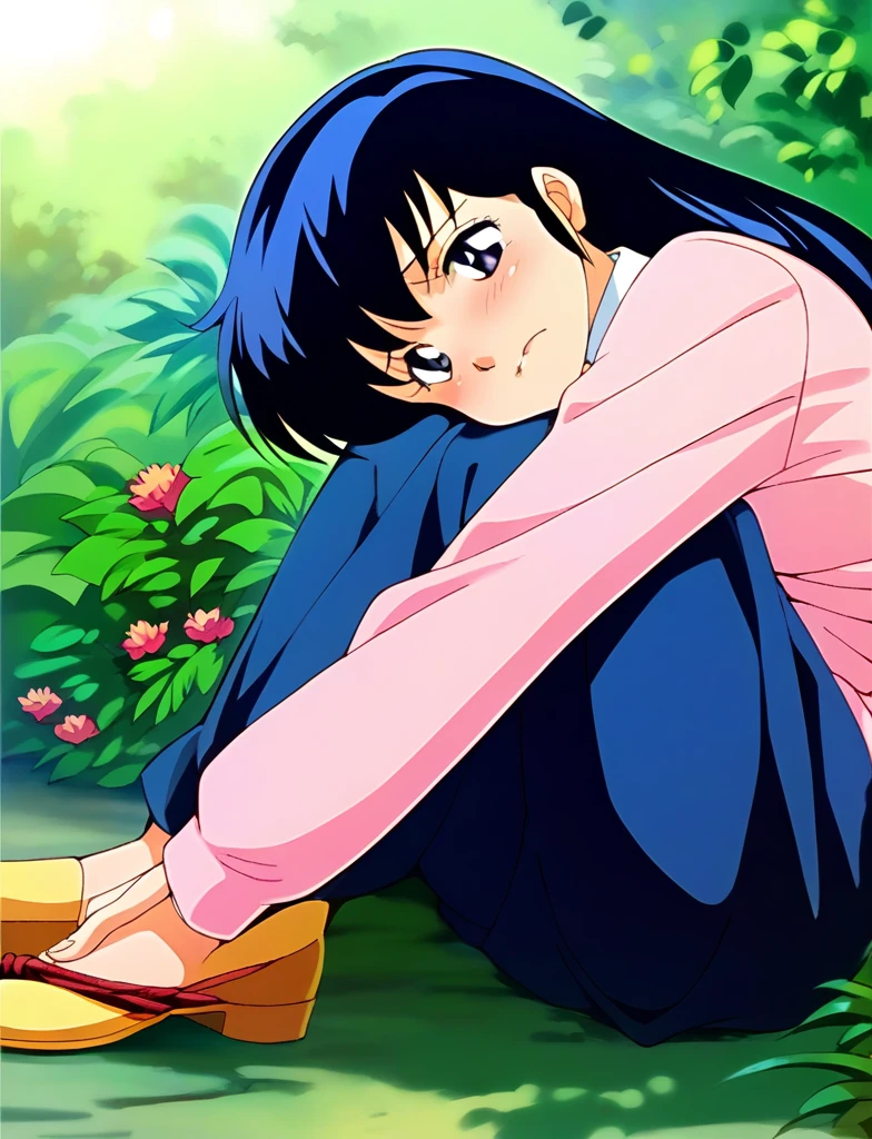 Kyoko,score_9,score_8_superior,score_7_superior,sauce_anime,One girl,alone,View your viewers,soaked,downpour,in the forest,Pink Sweater,White collared shirt,length_skirt,blue skirt,Spread your legs,Biting rope,Lying down,Sad face,:パンティ、露になるパンティ、
