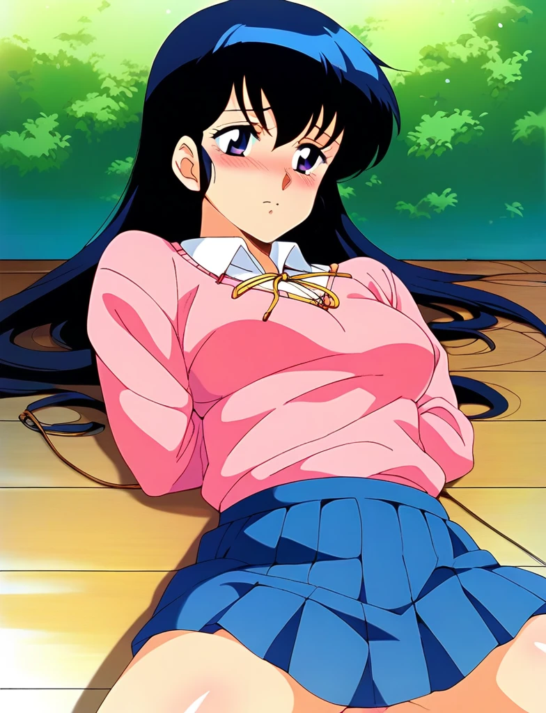 Kyoko,score_9,score_8_superior,score_7_superior,sauce_anime,One girl,alone,View your viewers,soaked,downpour,in the forest,Pink Sweater,White collared shirt,length_skirt,blue skirt,Spread your legs,Biting rope,Lying down,Sad face,:パンティ、