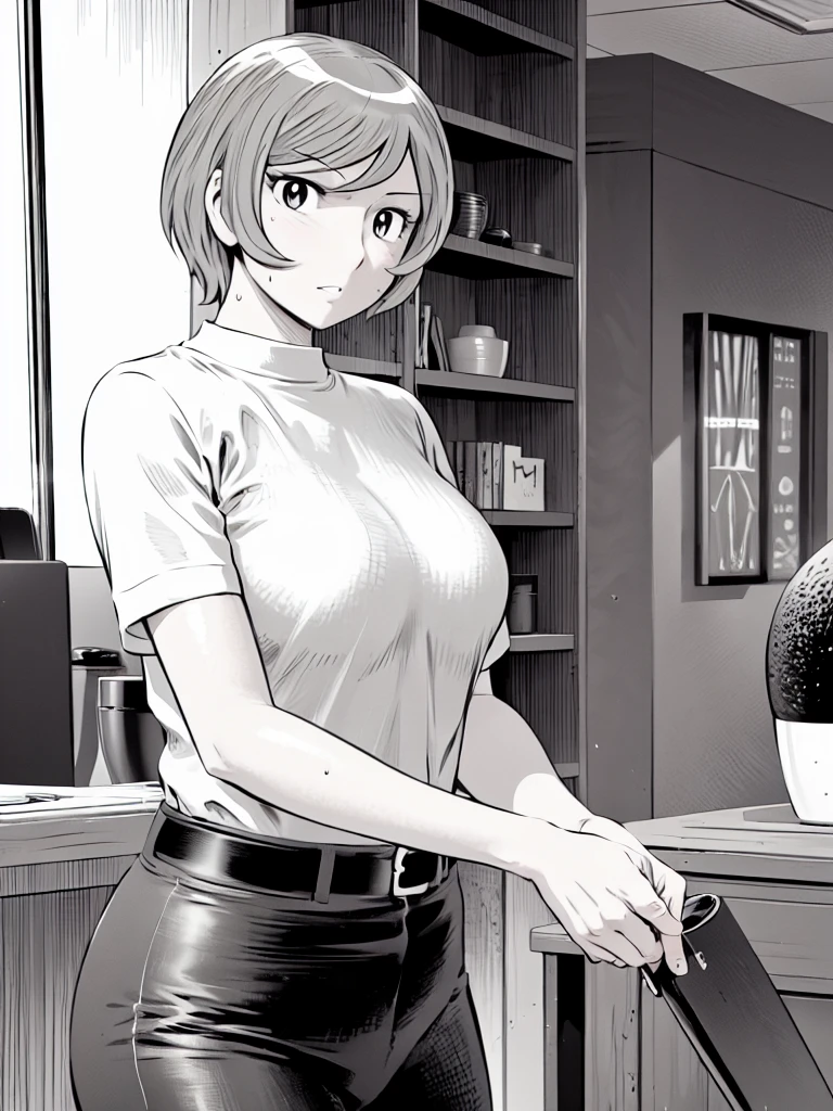 、(masterpiece、Highest quality)、Highest quality, Ultra-high resolution, (((masterpiece))), alone, Sweat、Big eyes,Tight black shirt、Tight white pants、belt、indoor、Composition from the front、(Cut the back hair short、short hair、blonde、woman)、Shortcuts、Embarrassed face、Cut your hair short、可愛いwomanの子、Big Breasts、office