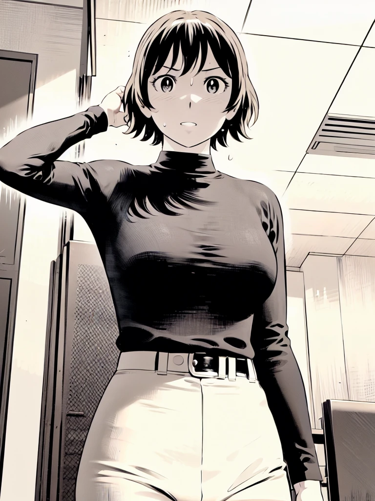 、(masterpiece、Highest quality)、Highest quality, Ultra-high resolution, (((masterpiece))), alone, Sweat、Big eyes,Tight black shirt、Tight white pants、belt、indoor、Composition from the front、(Cut the back hair short、short hair、blonde、woman)、Shortcuts、Embarrassed face、Cut your hair short、可愛いwomanの子、Big Breasts、office