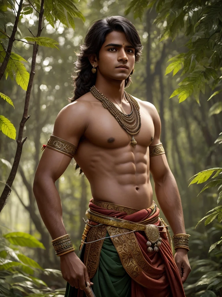 A young Eklavya, a tribal prince from the Manabharata, stands in a clearing in the forest. He is dressed in simple tribal garb, made of animal skins and cloth. He draws back a powerful war bow, aiming at a target hidden amongst the leaves. Determination and focus are etched on his face. Sunlight filters through the trees, casting dappled light on the scene.image: 
Here are some optional details youcan add to the prompt to further customize the• Age of Eklavya: You can specify a younger Ekiavya practicing with a smaller bow, or an older Eklavya with a more elaborate bow and attire.• Expression: You can describe Eklavya's expression in more detail, such as intense concentration, unwavering dedication, or a hint of defiance.• Background details: You can add details about the forest, such as specific types of trees, animals peeking from behind foliage, or a small shrine dedicąted to Drona.