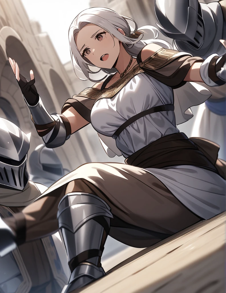 milf Greek woman with white hair, brown eyes, wearing peasant clothes, being thrown to the ground by knights wearing shiny silver armor