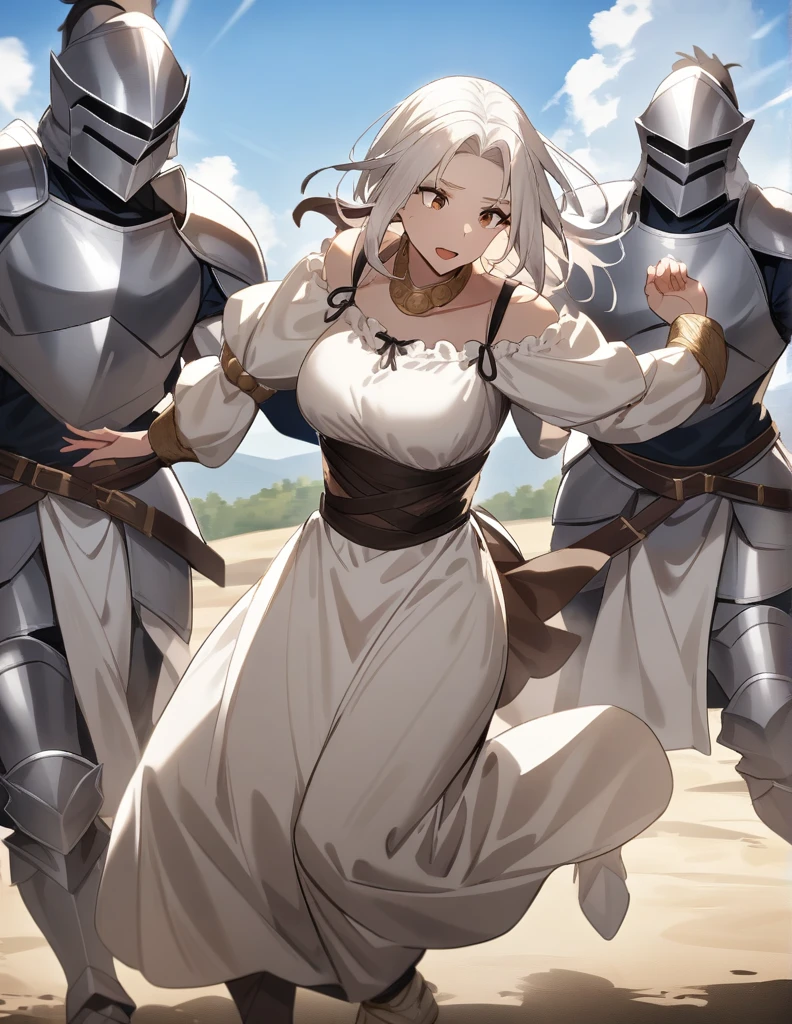 milf Greek woman with white hair, brown eyes, wearing peasant clothes, being thrown to the ground by knights wearing shiny silver armor