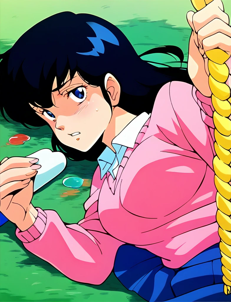 Kyoko,score_9,score_8_superior,score_7_superior,sauce_anime,One girl,alone,View your viewers,soaked,downpour,in the forest,Pink Sweater,White collared shirt,length_skirt,blue skirt,Spread your legs,Biting rope,Lying down,Sad face,:パンティ、