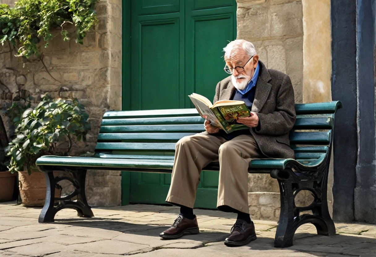a old man sitting on a bench reading a book, buttshape, photoshoped, aoc, italian style, toon, dynamic proportional, tvp, highly creative, elder, yorkshire, eu, wonderful, poignant, bisley, apipheny, comic book art, perfect, smooth