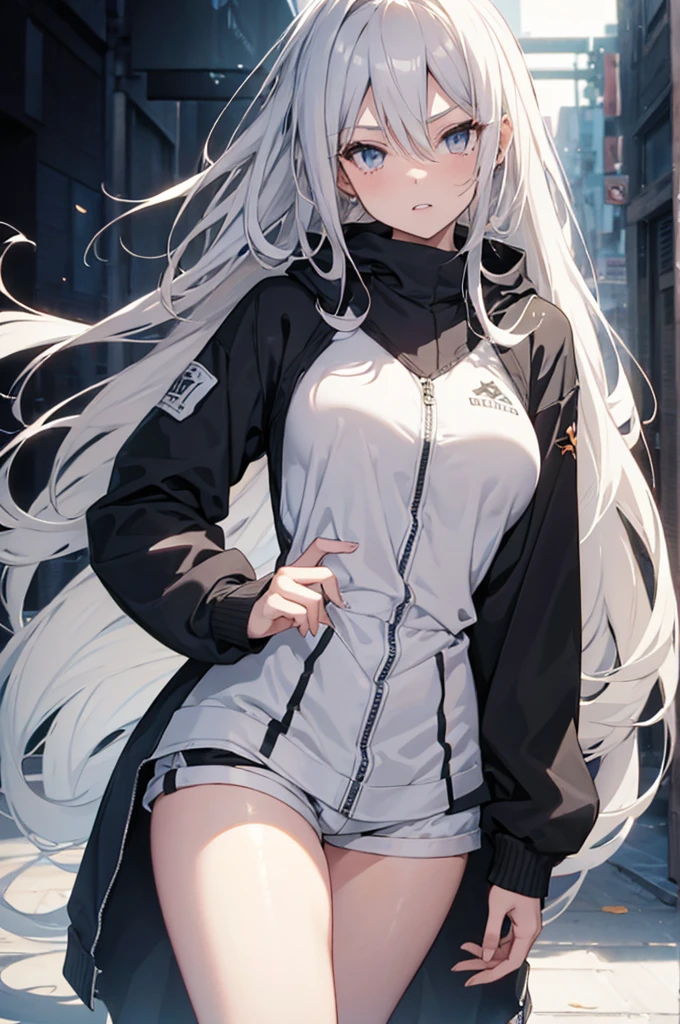 1girl, {Solitary}, Upper Body ,{{ {Watching at viewer}}}, Arms at your sides, Concept Art, white Background, simple Background, White hair, Silver gradient hair , Composite cloth, Asymmetrical clothes, Virtual YouTuber, best quality, masterpiece, Dynamic Angle, guilty gear, guilty gear, guilty gear, cowboy_shooting, Watching_Back, grab, girl,Miss,woman, young,20 years old, Very long hair, Hair Flip, Silver Hair, Flowing hair, Ahog, giggle, Beautiful and delicate golden eyes, teeth, Moderate_breast, Blonde eyes, White skin, hoodie, Black_shorts, Gray clothes, transparent_Background, Backlighting, absurd, high resolution, Extremely detailed,sweater