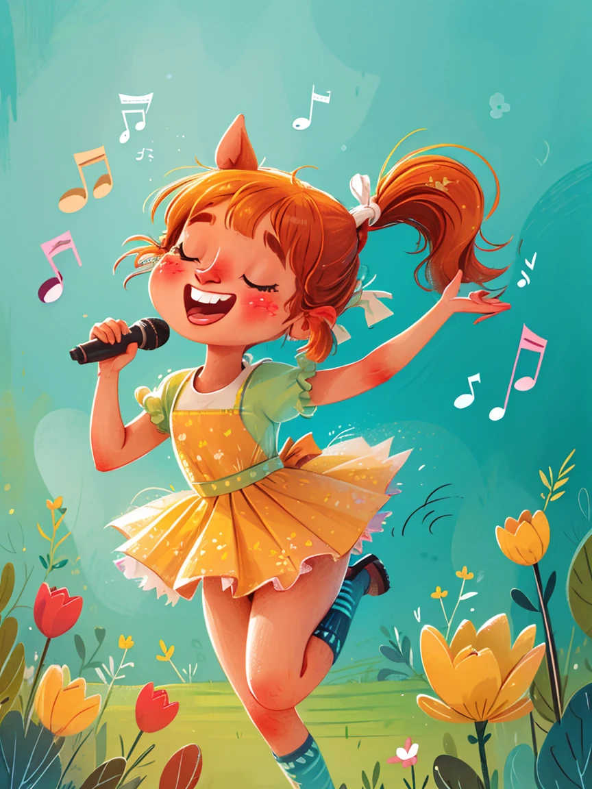 masterpiece, high quality, A cute girl, (Double ponytails:1.5), Sing a song, J_Huiben