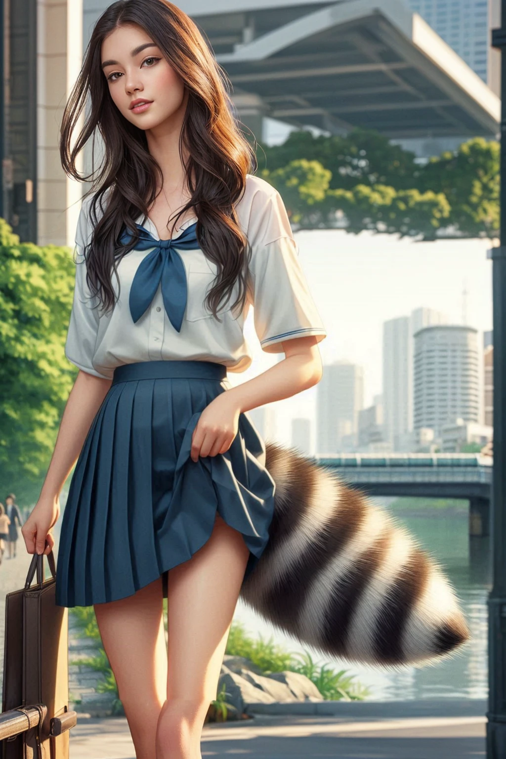 There is a woman wearing a skirt and shirt and carrying a bag., a hyperRealistic , hyperRealistic , Cat&#39;s Tail, Realistic , Hairy tail, Fox&#39;s Tail, Women&#39;s furry mini cute style, Realistic anime style at pixiv, Fluffy tail, photoRealistic anime, Realistic anime artstyle, Realistic anime 3 d style, Very very beautiful furry art