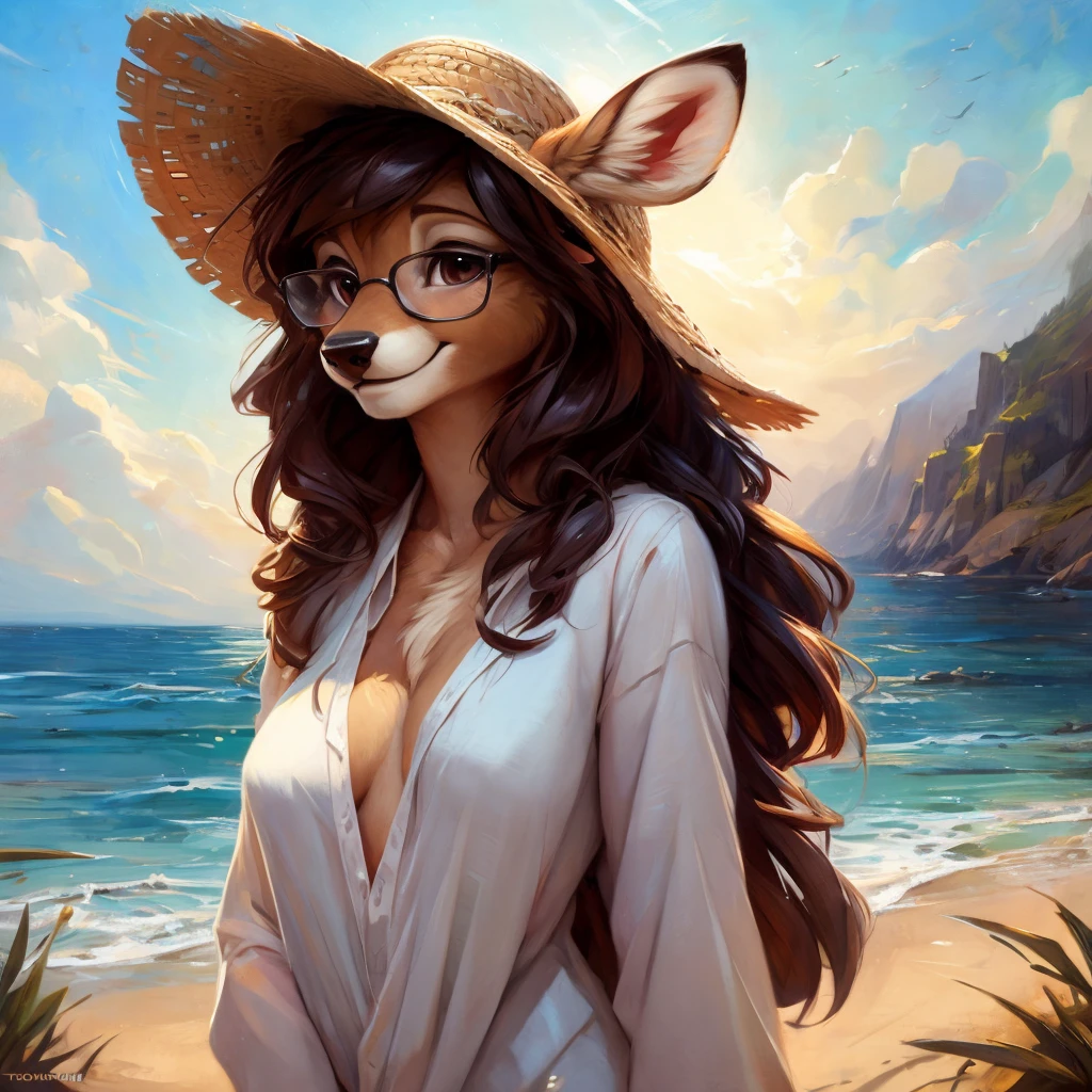 uploaded on e621, by Pixelsketcher, by Bayard Wu, by Thomas Benjamin Kennington , by Einshelm, by hioshiru and kenket, Chunie, portrait, solo anthro female deer doe, with small featureless breasts, clear dark blue, cinematic lighting, day, sunny day, beach, stays in the sea, sea background, mediterranean background, horizon background, shiny, short curly dark brown hair, wears big black nerd glasses, very very beautiful furry art, furry art, smiling, joyful, shiny, happy, feminine, cute face, muzzle, fluffy chest, flawless face, Fallow deer, 1girl, Sakimichan is beautiful, Masterpiece, Wavethesallow Face, shiny, Detailed image, portrait, Detailed image, portrait, full body, wearing wide, long, white blouse, wearing big and wide beige summer straw hat, shiny, realistic face, perfect ???????, hourglass body, (furry body:1.1), anthropomorphic deer, looks at the viewer, small fluffy tail, detailed background, (cute anatomy:1.1), windy, smiling, very happy, happy