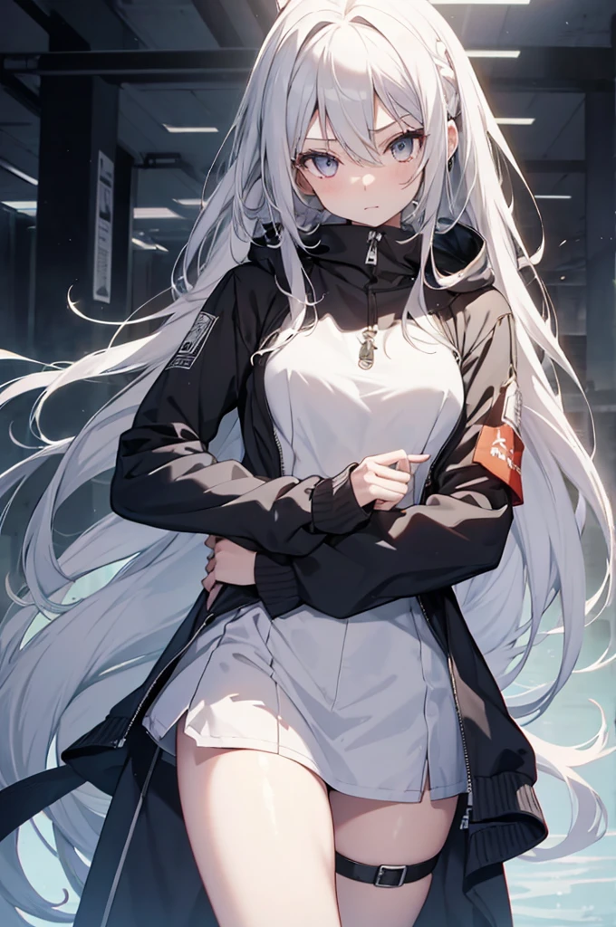 1girl, {Solitary}, Upper Body ,{{ {Watching at viewer}}}, Arms at your sides, Concept Art, white Background, simple Background, White hair, Silver gradient hair , Composite cloth, Asymmetrical clothes, Virtual YouTuber, best quality, masterpiece, Dynamic Angle, guilty gear, guilty gear, guilty gear, cowboy_shooting, Watching_Back, grab, girl,Miss,woman, young,20 years old, Very long hair, Hair Flip, Silver Hair, Flowing hair, Ahog, giggle, Beautiful and delicate golden eyes, teeth, Moderate_breast, Blonde eyes, White skin, hoodie, Black_shorts, Gray clothes, transparent_Background, Backlighting, absurd, high resolution, Extremely detailed,sweater