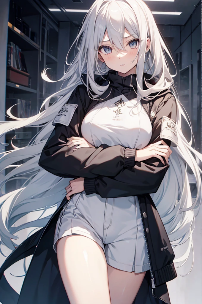 1girl, {Solitary}, Upper Body ,{{ {Watching at viewer}}}, Arms at your sides, Concept Art, white Background, simple Background, White hair, Silver gradient hair , Composite cloth, Asymmetrical clothes, Virtual YouTuber, best quality, masterpiece, Dynamic Angle, guilty gear, guilty gear, guilty gear, cowboy_shooting, Watching_Back, grab, girl,Miss,woman, young,20 years old, Very long hair, Hair Flip, Silver Hair, Flowing hair, Ahog, giggle, Beautiful and delicate golden eyes, teeth, Moderate_breast, Blonde eyes, White skin, hoodie, Black_shorts, Gray clothes, transparent_Background, Backlighting, absurd, high resolution, Extremely detailed,sweater