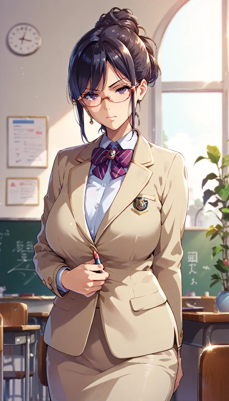 (masterpiece, best quality, ultra-detailed, high resolution, detailed eyes), takeda hiromitsu style, (1mature female), voluptuous body, teacher, navy clothes, slant eyes, annoyed, black longhair up, glasses, 