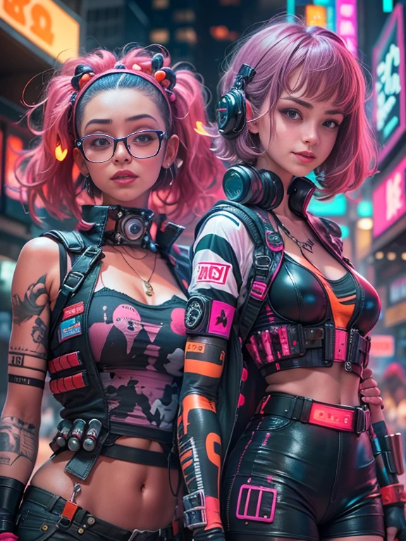 masterpiece, Highest quality, 2 ((smile)) Cyberpunk girls standing together, Harajuku Cyberpunk Body Harness, Bold colors and patterns, Eye-catching accessories, Trendy and innovative hairstyles, Stunning cyberpunk cityscapes, skyscraper, Glowing neon signs, LED Light, Anime illustration, Detailed skin texture, Detailed cloth texture, Beautifully detailed face, Intricate details, Super detailed, Cinema Lighting, Strong contrast.