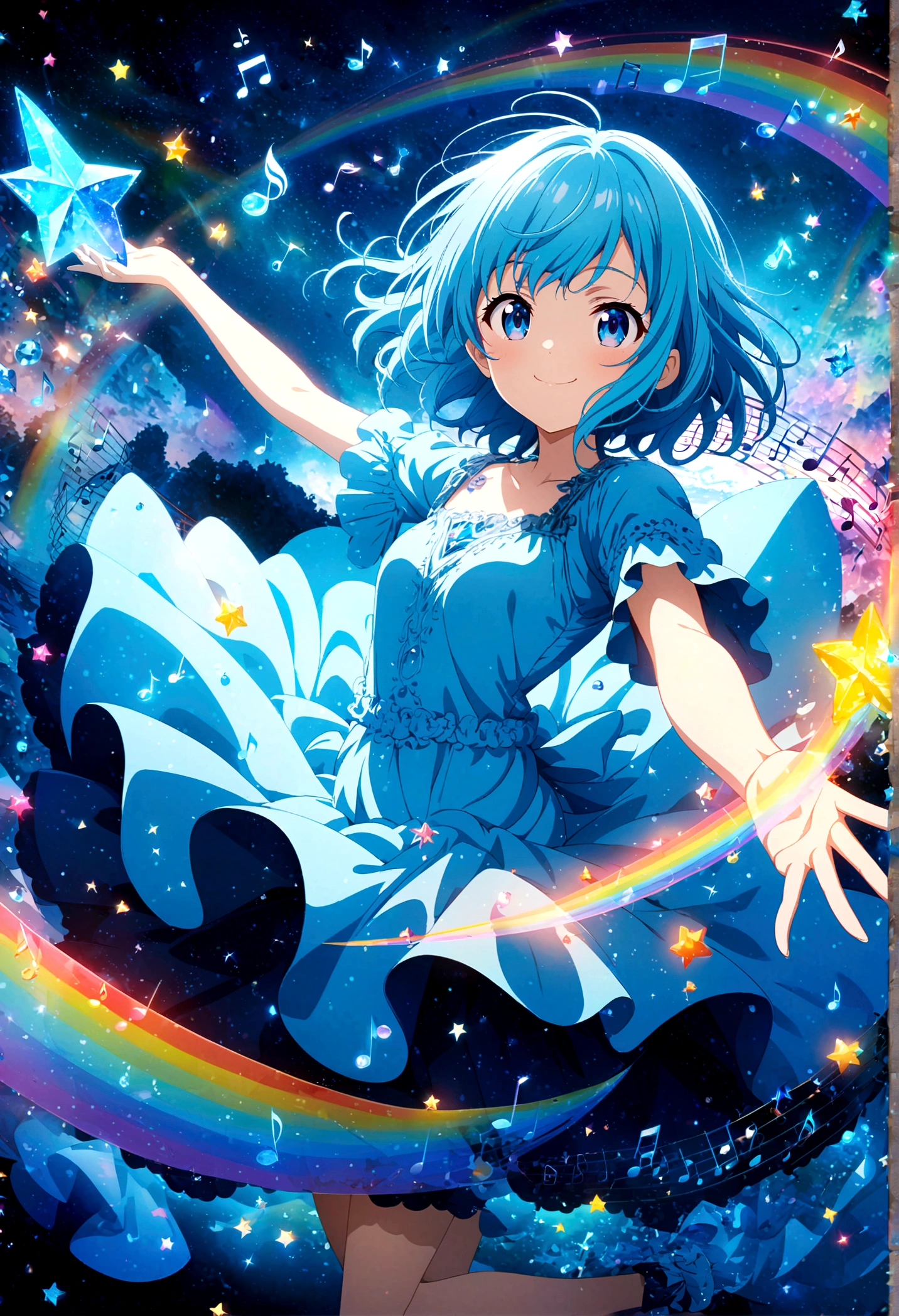 Anime style, ultra-detailed, 8K CG, blue-haired girl, smile, blue world, mysterious blue objects floating, star, (musical note), rainbow, blue dress