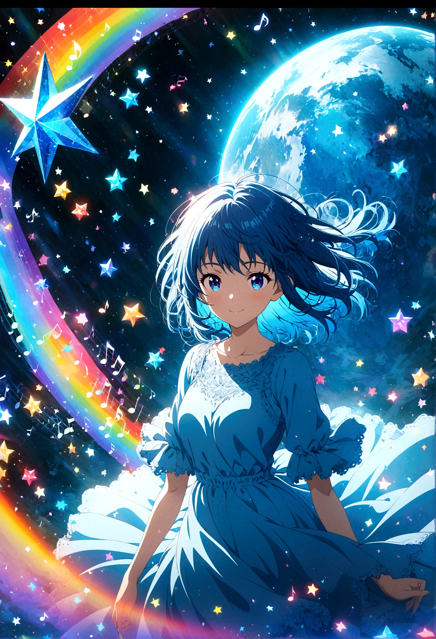 Anime style, ultra-detailed, 8K CG, blue-haired girl, smile, blue world, mysterious blue objects floating, star, (musical note), rainbow, blue dress