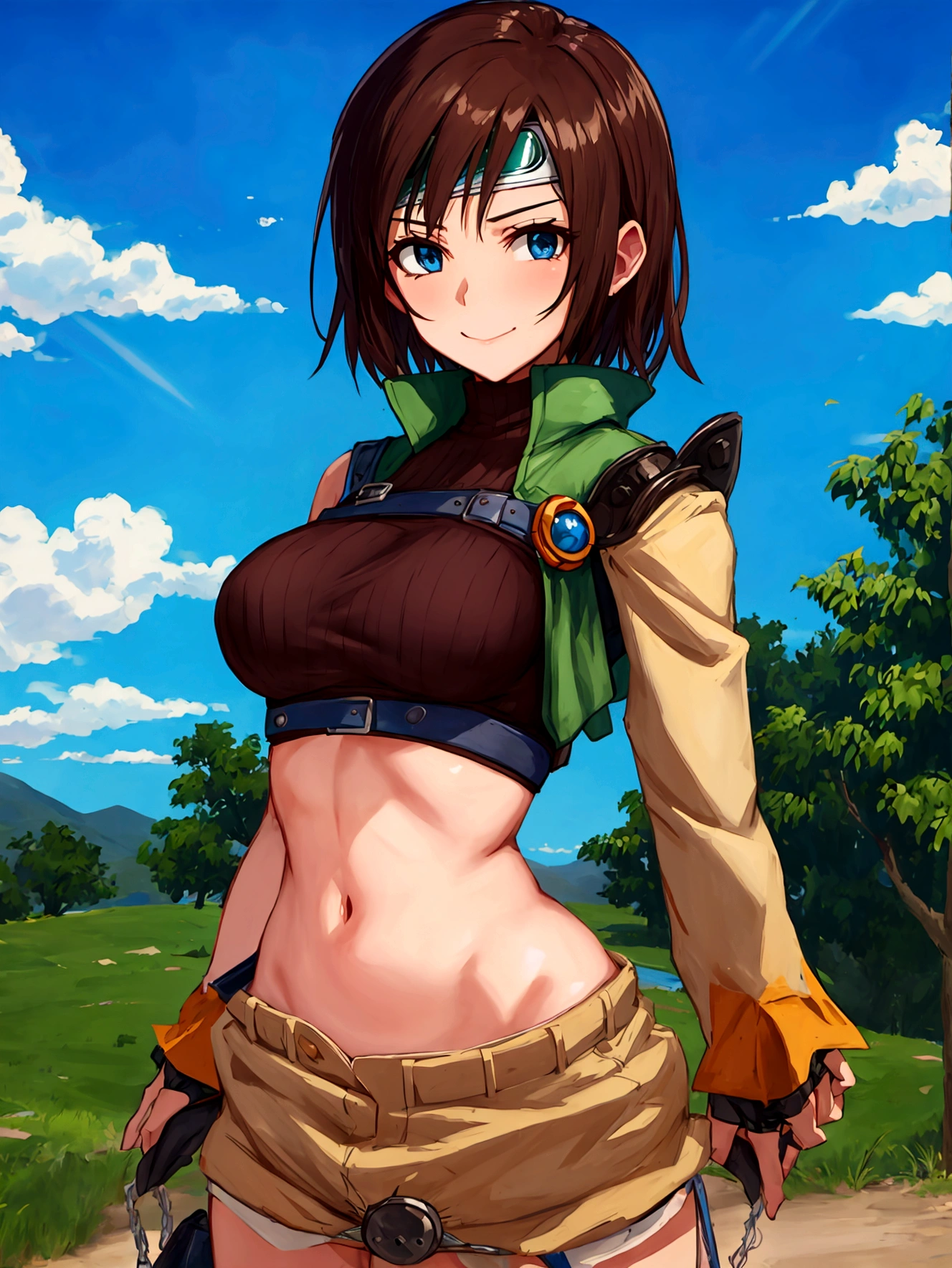 (anime cels style, best quality, high resolution, megami magazine, anime poster style, photorealistic), (beautiful eyes:1.2), 1girl
short hair
headband
navel
sleeveless
turtleneck
brown eyes
sleeveless turtleneck
solo
breasts
looking at viewer
smile
gloves
crop top
brown hair
shorts
midriff
armor
sweater
open fly
fingerless gloves
ribbed sweater
medium breasts
yufi_kisaragi_01 girl, (cowboy shot), (perfect detailed anatomy, beautiful face, perfect body, perfect arms, shiny skin), sunshine, forest, bluesky,
