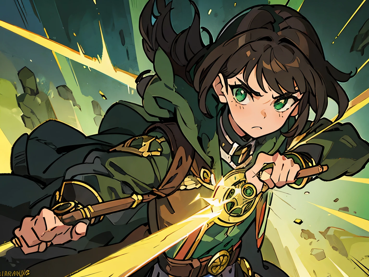 A young adventurer boy, black Marquis jacket, bright brown hair, emerald green eyes, warrior-like eyes, skilled duelist, photo-realistic portrait, intricate details, dramatic lighting, cinematic composition, fantasy adventure, highly detailed, vibrant colors, masterpiece, aiming a revolver.