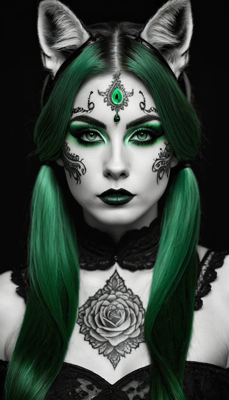 ((Monochrome, monochromeXL:1.4), Photo noire et vert), Sublime femme 30ans avec deux très longues queues de cheval de chaque côté, double queues de cheval, double twin ponytails, twin tails, sublime tatouage un renard à deux queues, Lèvres détaillées, Yeux détaillés, regard intense, cils détaillés, visage détaillé, long cheveux vert foncé, visage de séduction, ((maquillage vert)), ((((tatouage fin d'un renard à deux queues )))), photo du milieu du corps, ((porte un costume)),(( photo noir et blanc et vert, only black and white and green photo)), (((photo noir et blanc et vert, only black and white and dark green photo, le maquillage et les cheveux, b/w, B&W,long twin ponytails)))