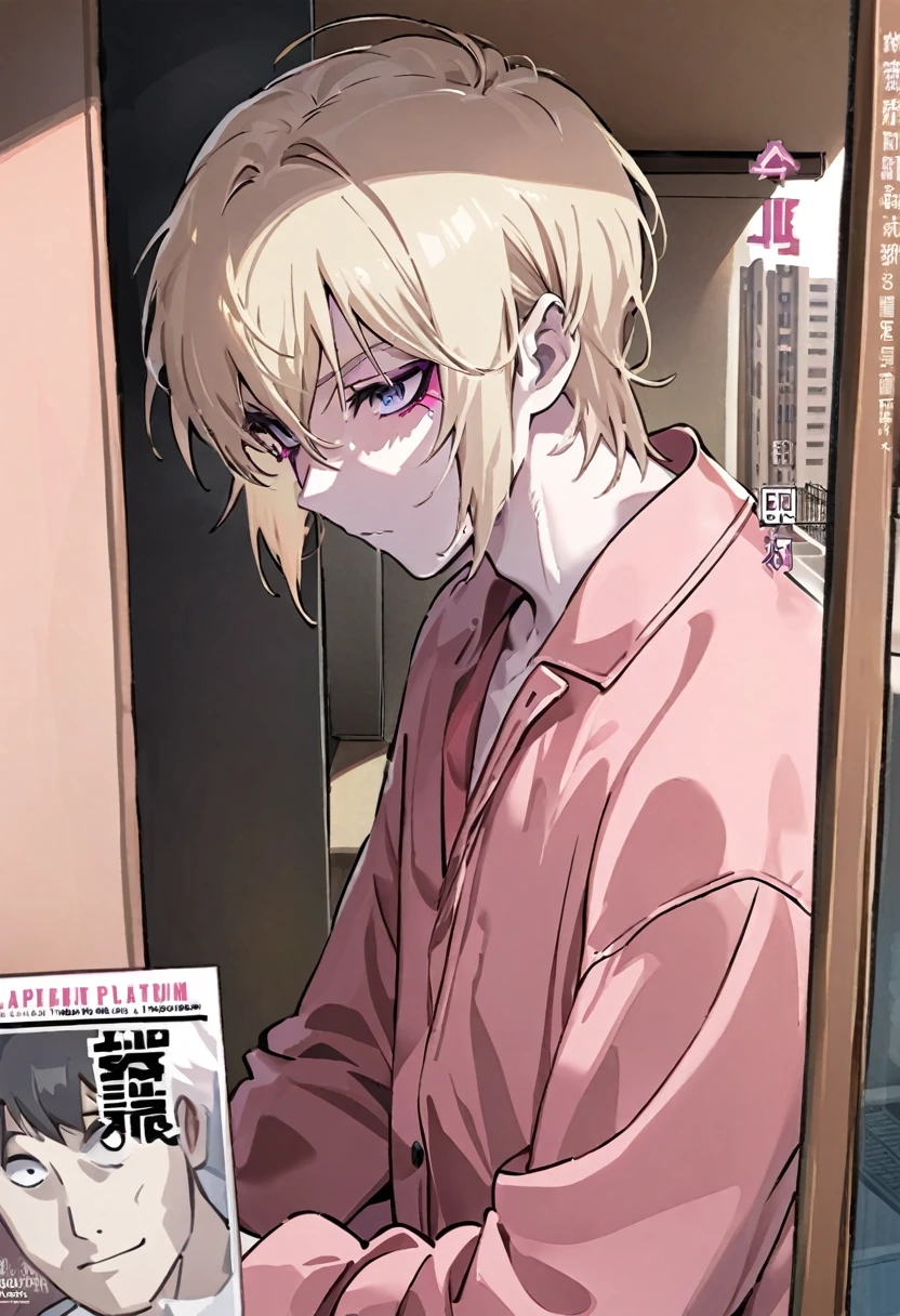 Manga cover style, detailed. best quality, art, detailed face, in the style of lora marvin. (32-year-old man) (effeminate appearance) (messy platinum blonde hair) (pink eyeliner) (His skin is pale) ) (wears a pink robe)

(The background is an apartment balcony)