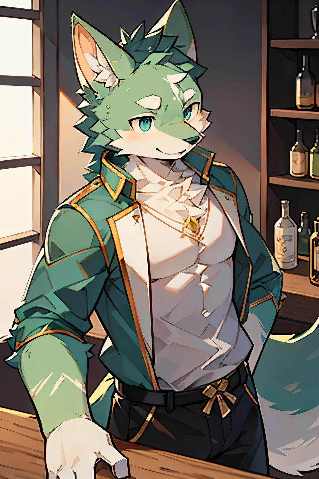 Exquisite lines，best quality。Single player，Youthful，male，Light green fur，Wolf Orc，Blue pupils，Swordsman，In the bar，modern