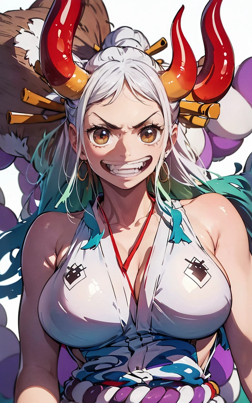 best quality, masterpiece, 4k, absurd res, UHD, ultra-detailed, detailed eyes, detailed skin, detailed hair, detailed face, (face of Evangeline Lilly:Blake Lively), detailed fabric, (ung beautiful girl, solo:1.1), Yamato (one piece), (multicolored hair, long hair, white hair, aqua hair, two-tone hair, high ponytail, hair stick, hair ornament), (natural big breasts:1.2), (sideboob:1.2), (shimenawa, Japanese clothes with shimenawa, rope, sleeveless kimono, bare arms, kimono, sleeveless, oni, bare shoulders, hakama), (curled horns, red horns, multicolored horns), (happy smile:1.2), earrings, jewelry, (big eyes, brown eyes), collarbone, cowboy shot, v-shaped eyebrows, ((hourglass shape)), sexy pose, ((NSFW))ultra realistic 8k cg, masterpiece, ((ultra detailed background, delicate pattern, intricate detail)), (highly detailed, fine details), best quality, (photorealistic:1.4),beautiful lighting,  absurdres, RAW photo, film grain, ((Big breasts, Masculine girl)), Yamato, long hair, 1girl, horns, white hair, solo, oni, red horns, curled horns, hair ornament, (multicolored horns), jewelry, earrings, japanese clothes, kimono, hair stick, sleeveless, bare shoulders, aqua hair, sidelocks, hoop earrings, hakama, smile, wide smile, ((orange eyes, Masculine girl, Big breasts)), (complex detailed background, barren land, moon, portrait, close-up),