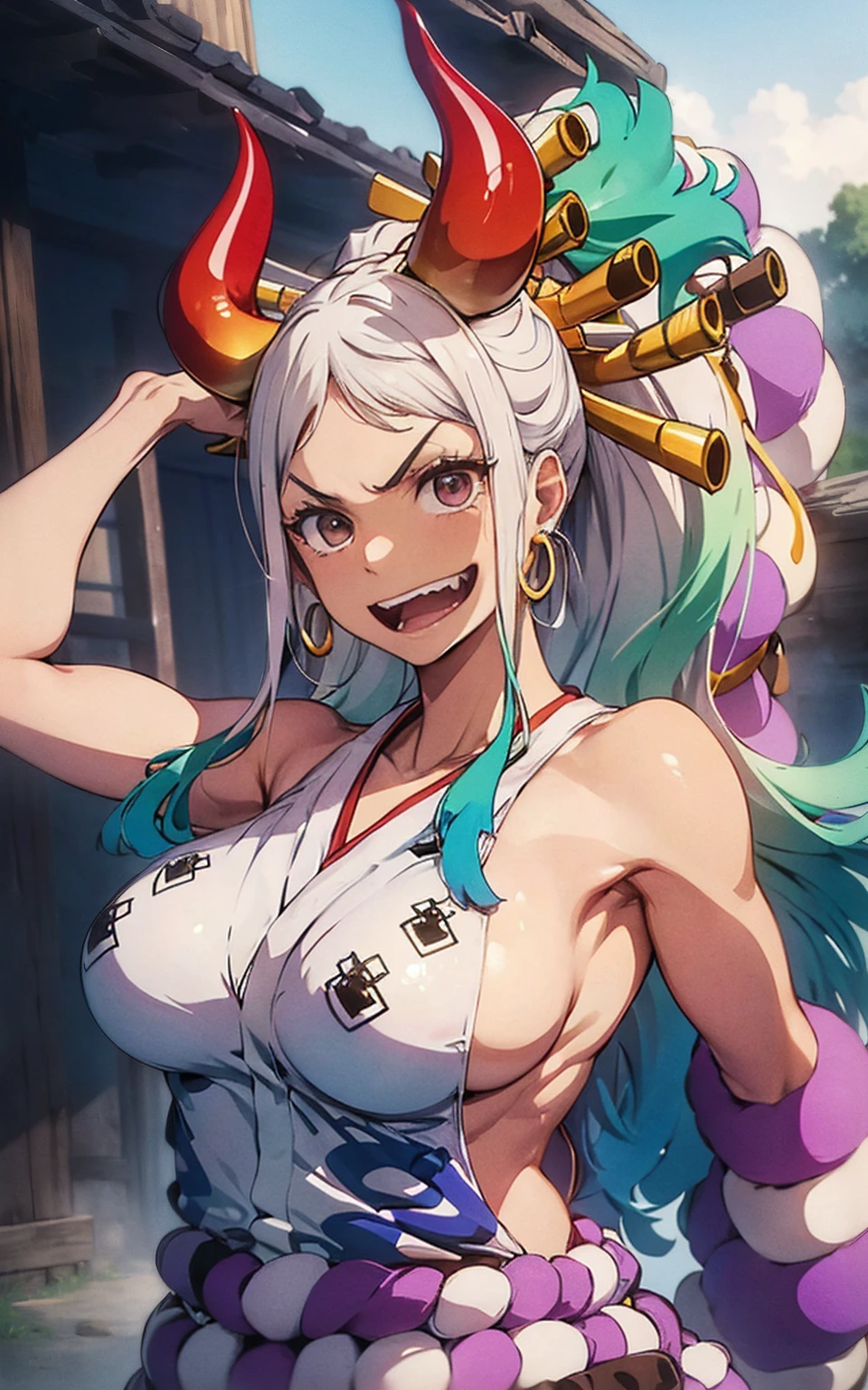 best quality, masterpiece, 4k, absurd res, UHD, ultra-detailed, detailed eyes, detailed skin, detailed hair, detailed face, (face of Evangeline Lilly:Blake Lively), detailed fabric, (ung beautiful girl, solo:1.1), Yamato (one piece), (multicolored hair, long hair, white hair, aqua hair, two-tone hair, high ponytail, hair stick, hair ornament), (natural big breasts:1.2), (sideboob:1.2), (shimenawa, Japanese clothes with shimenawa, rope, sleeveless kimono, bare arms, kimono, sleeveless, oni, bare shoulders, hakama), (curled horns, red horns, multicolored horns), (happy smile:1.2), earrings, jewelry, (big eyes, brown eyes), collarbone, cowboy shot, v-shaped eyebrows, ((hourglass shape)), sexy pose, ((NSFW))ultra realistic 8k cg, masterpiece, ((ultra detailed background, delicate pattern, intricate detail)), (highly detailed, fine details), best quality, (photorealistic:1.4),beautiful lighting, absurdres, RAW photo, film grain, ((Big breasts, Masculine girl)), Yamato, long hair, 1girl, horns, white hair, solo, oni, red horns, curled horns, hair ornament, (multicolored horns), jewelry, earrings, japanese clothes, kimono, hair stick, sleeveless, bare shoulders, aqua hair, sidelocks, hoop earrings, hakama, smile, wide smile, ((orange eyes, Masculine girl, Big breasts)), (complex detailed background, barren land, moon, portrait, close-up),