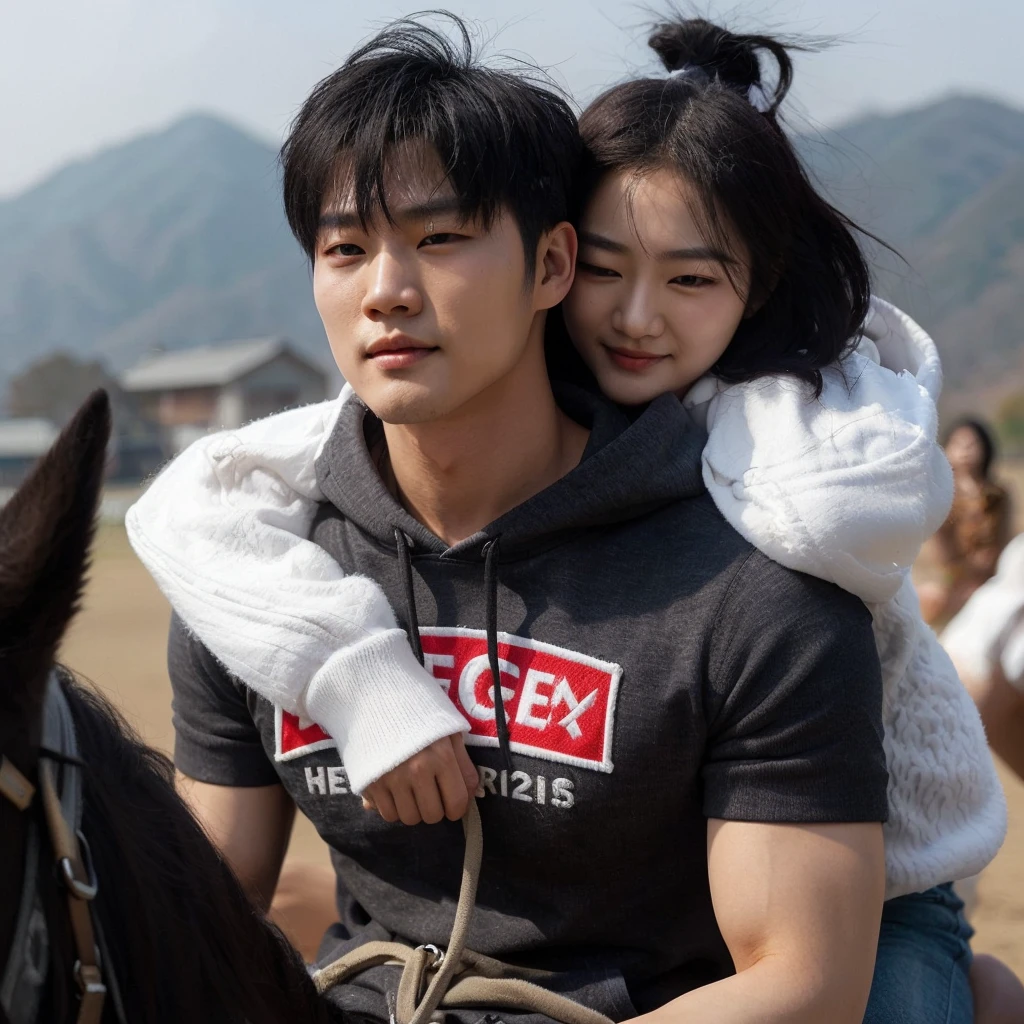 a handsome Korean man wearing a white hoodie, branded short-sleeved t-shirt,, was riding on a woman's back(his girlfriend) the beautiful one with black hair, playing horse, women wear sweaters, was hugging the man, The background is in a small green grassy garden, cool sunny atmosphere