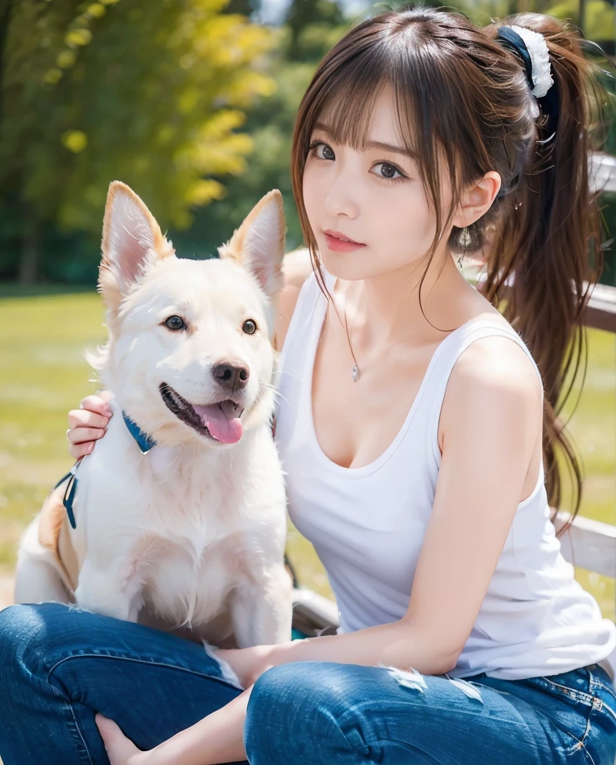 ponytail、Tank top and jeans、Super delicate dog expression、Being with a dog、A girl and a dog warming themselves by a bonfire、Lens flare、Hair blowing in the wind、Medium Hair、、Expressing the whiteness of one's breath、Photo from the waist up、Night city illumination shot、Cowgirl Shot、Fur coat、豪華なグレーのミンクのFur coat、Wear fine leather boots、Luxury Bags、Inner turtleneck、Silver necklace and small silver earrings Millionaire style:1.4))、Full body photo、smile、 Caustics、Highly detailed photos、Very beautiful woman 、Ample breasts、No makeup、(8K、RAW Photos、Highest quality、masterpiece:1.2)、(Realistic、Realistic)、1 Girl、((Medium Short Hair、Midwinter、Cold region Snow falling、The wind is blowing、Fluttering Hair、Blur the background、Colorful illuminations、Looking into the camera:1.4))、