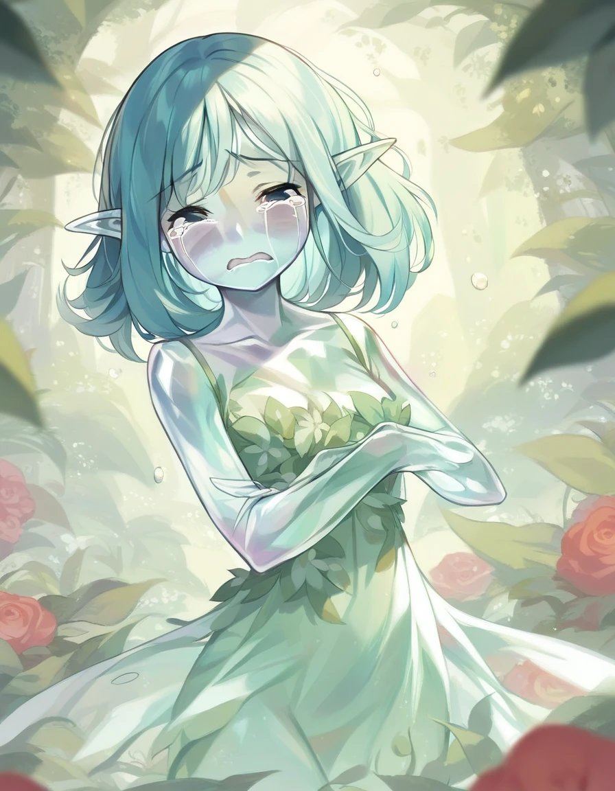 BREAK Perfect Anatomy、(High resolution:1.2)、Incredible illustrations、(Cute illustrations:1.2)、(Beautiful background) (a girl, elf 1.5meters, 40kg),,20-year-old,)(despair:2.0,tears:2.5)(((transparent skin:1.7)DRESS,see-through dress:1.5) Water Fairy