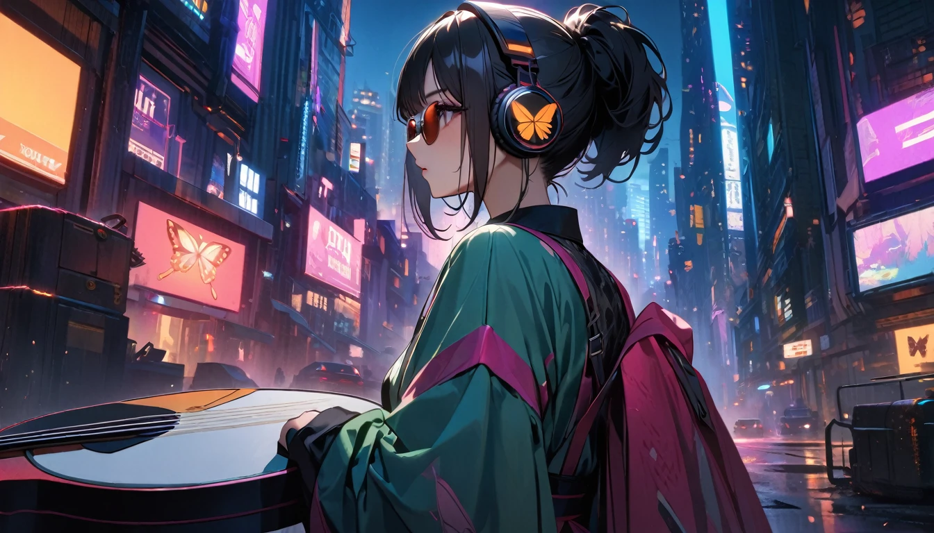(((8K, Masterpiece, high resolution, highest quality, highest quality real texture skin))), ((wearing Japanese pattern headphones)), (((1 girl))), (((Butterfly patterned haori coat))), (((Holding a shamisen))), (((Cyberpunk City at Night))), ((sunglasses)), (((Maid))), (Black shiny hair, beige skin)