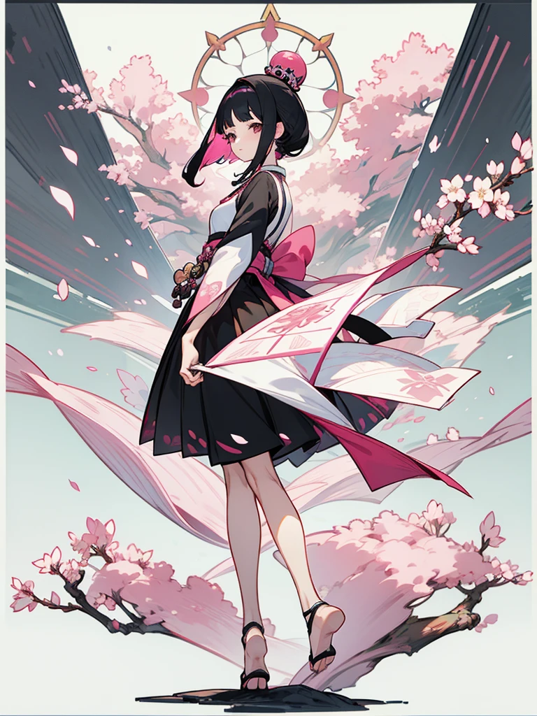 best quality, character design sheet, woman、No hat on, Black and pink hair, whole body, Head to Toe, Fortuneteller、Standing facing forward, Beautiful black dress, Black Hair, whole body, Pure white background, from front, best quality, Standing pose、Cherry blossom pattern、adult、Japanese、Clear eyes、adult、Standing facing forward