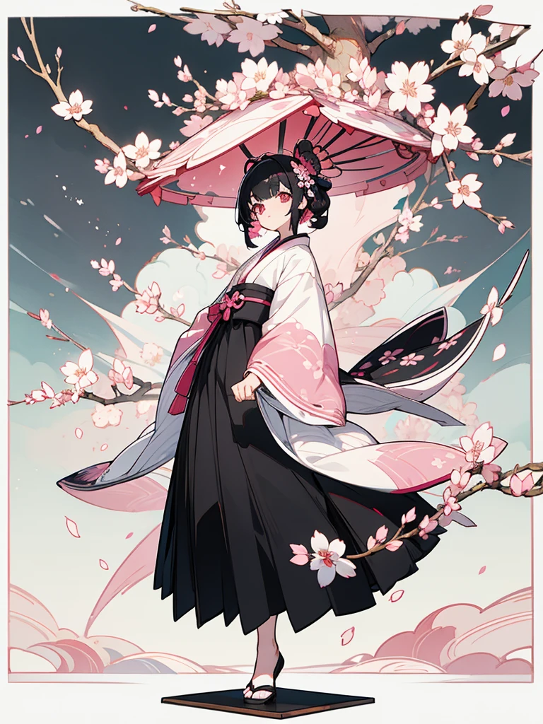 best quality, character design sheet, woman、No hat on, Black and pink hair, whole body, Head to Toe, Fortuneteller、Standing facing forward, Beautiful black dress, Black Hair, whole body, Pure white background, from front, best quality, Standing pose、Cherry blossom pattern、adult、Japanese、Clear eyes、adult、Standing facing forward