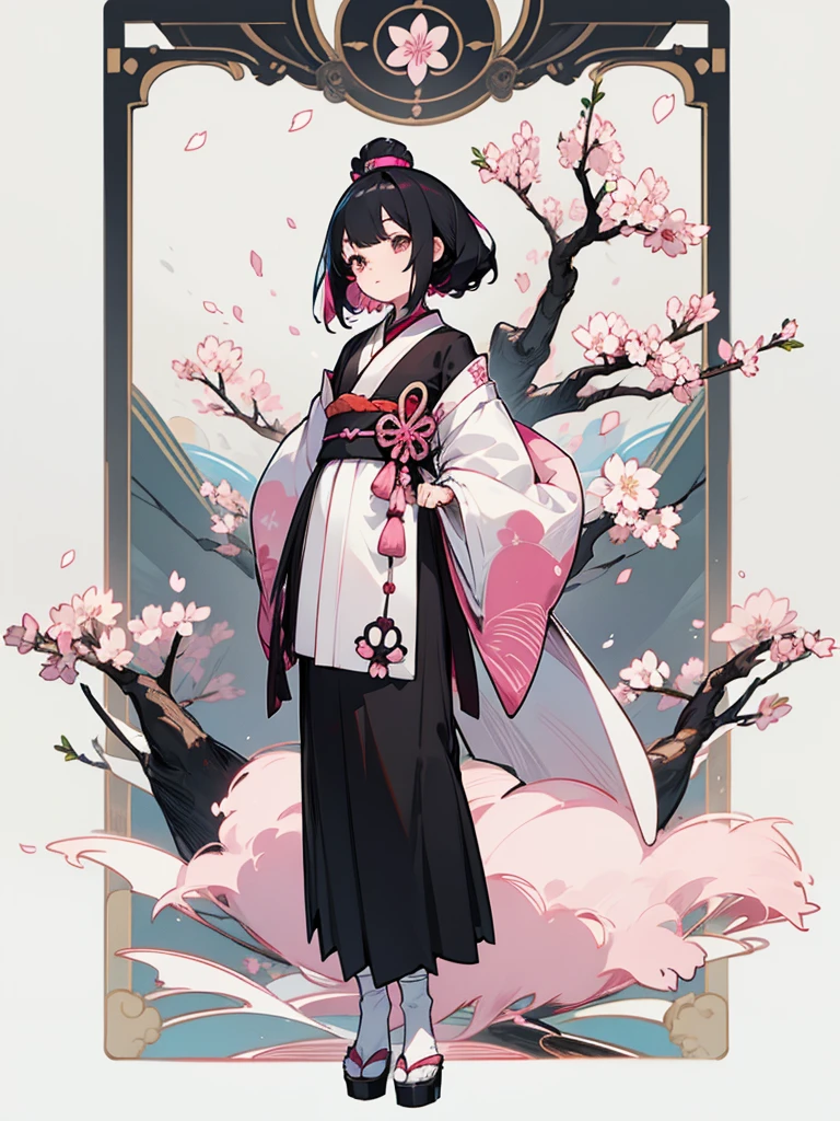 best quality, character design sheet, woman、No hat on, Black and pink hair, whole body, Head to Toe, Fortuneteller、Standing facing forward, Beautiful black dress, Black Hair, whole body, Pure white background, from front, best quality, Standing pose、Cherry blossom pattern、adult、Japanese、Clear eyes、adult、Standing facing forward